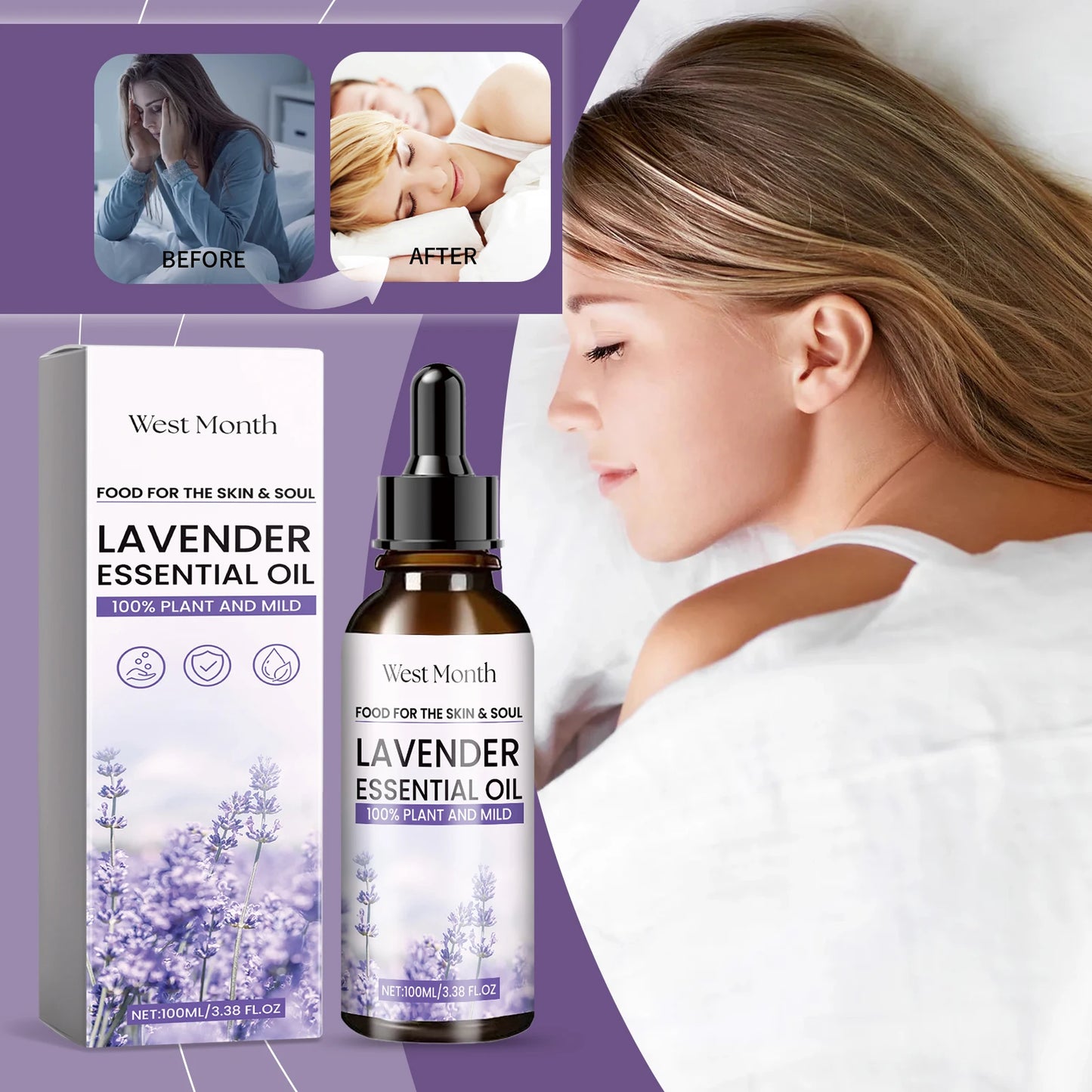 WEST MONTH Lavender Essential Oil Soothe and Relax Regulate Body and Mind Deeply Caring for The Skin Multiple Nourishing 3.38 oz