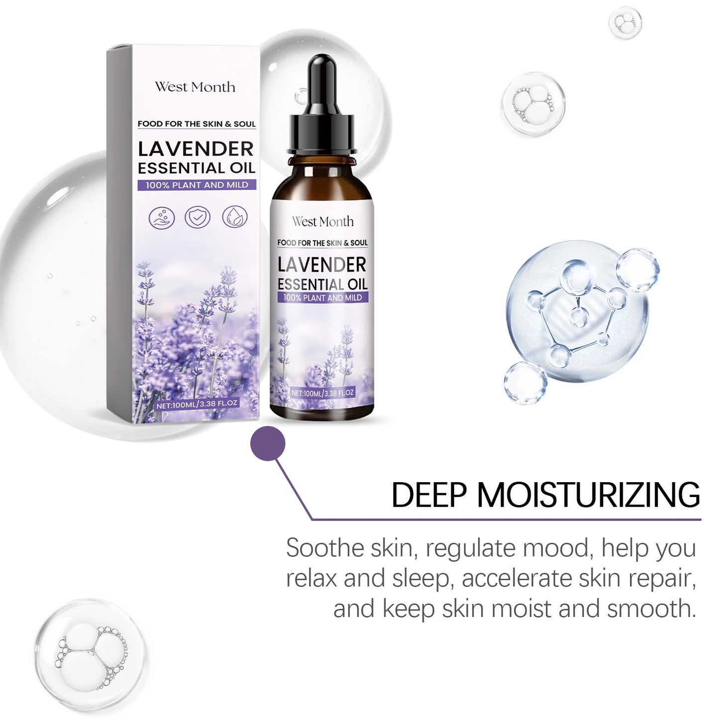 WEST MONTH Lavender Essential Oil Soothe and Relax Regulate Body and Mind Deeply Caring for The Skin Multiple Nourishing 3.38 oz