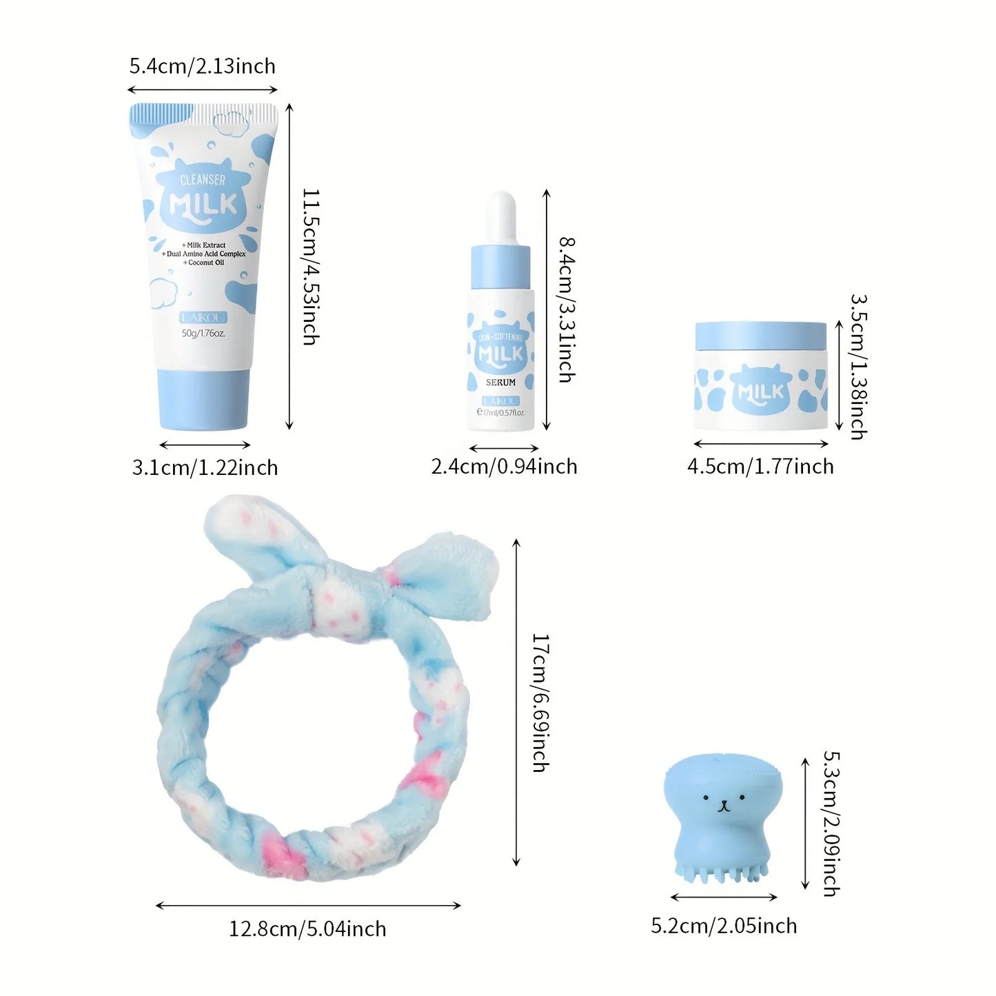 Milk Skincare Set - Hypoallergenic and Moisturizing | Facial Cleanser + Essence + Face Cream + Hair Band + Cleansing Brush