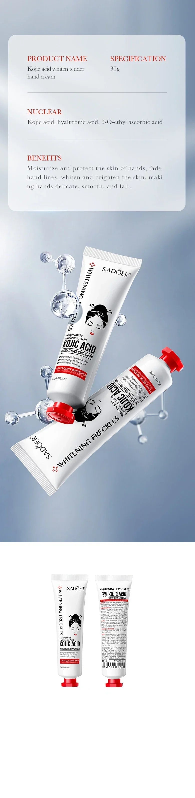 Kojic Acid Anti-wrinkle Hand Cream Skin Soften Nourish Anti-drying Whitening Moisturizing Korean SkinCare Cracked Repair Product