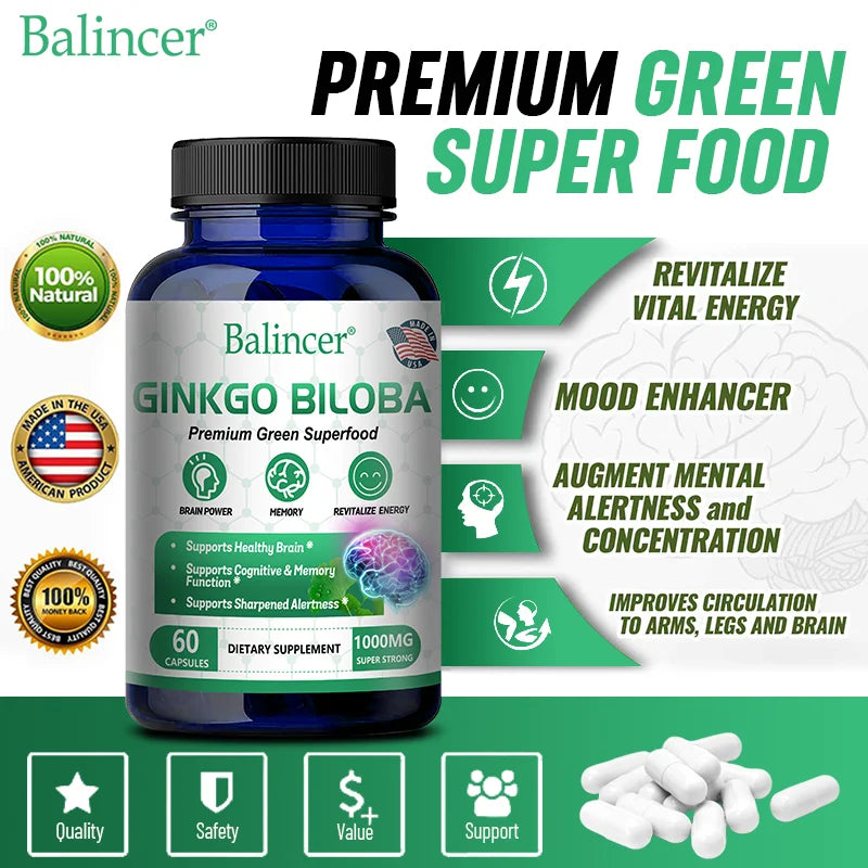 Balincer Memory and Concentration Supplement 1000mg - For Clear Thinking, Cognition - With Ginkgo Biloba Extract Capsules
