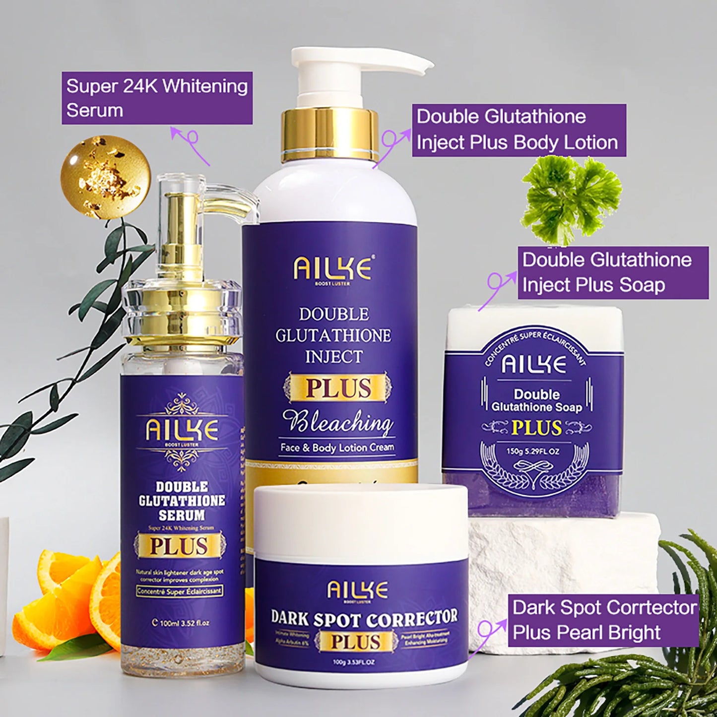 AILKE Glutathione PLUS Bleaching Skin Care Set, Moisturizing, Even Skin Tone, Improve Dark and Black Skin, Reduce Spots