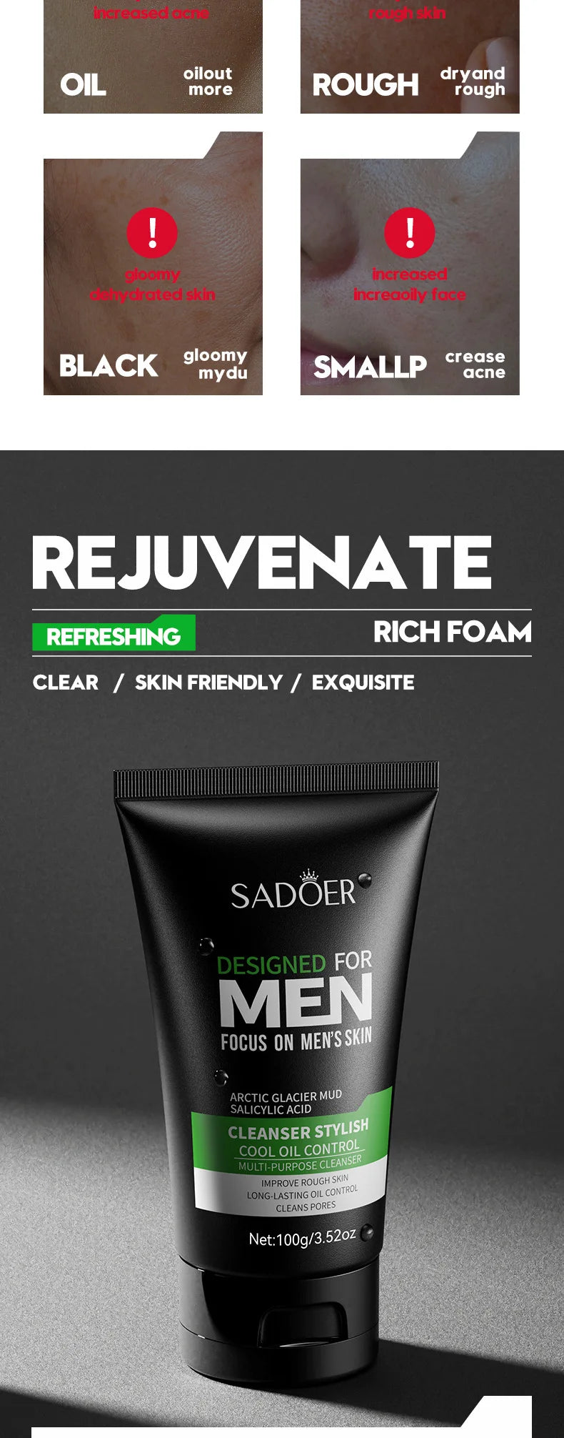 Men’s Cool Facial Cleanser – Deep Cleansing, Refreshing, Moisturizing & Pore Tightening | 100g