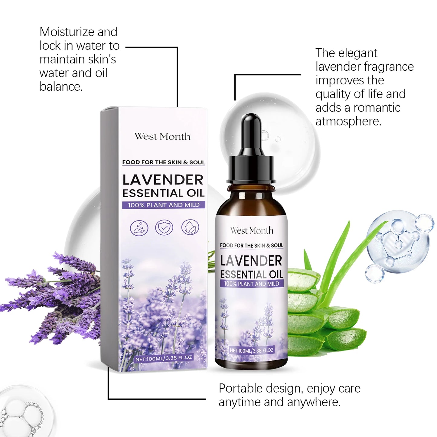 WEST MONTH Lavender Essential Oil Soothe and Relax Regulate Body and Mind Deeply Caring for The Skin Multiple Nourishing 3.38 oz