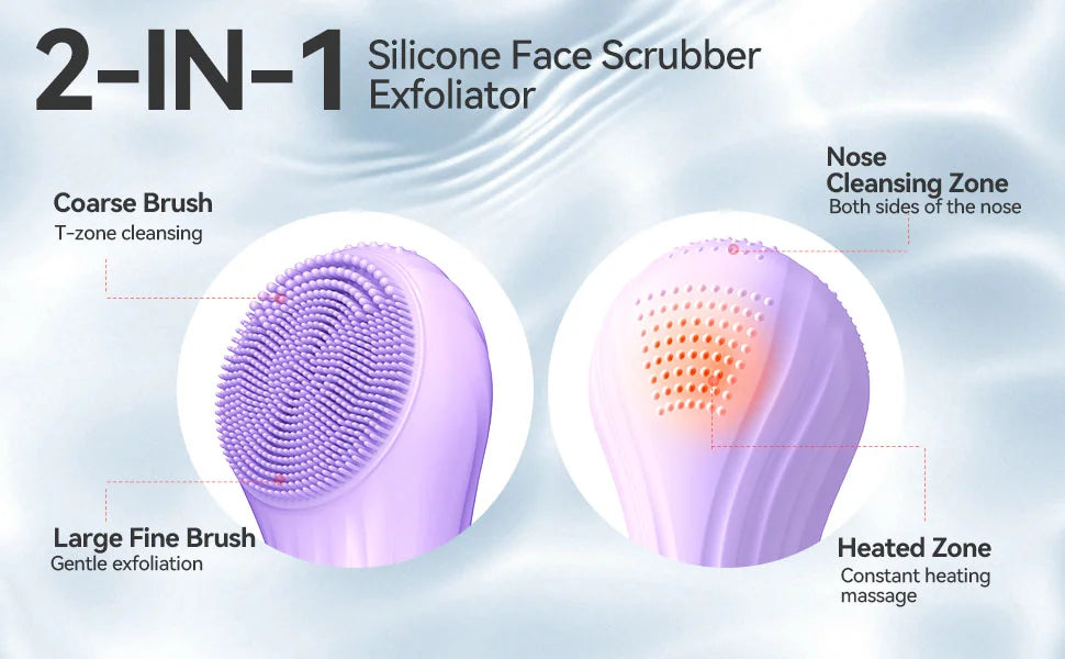 Facial Cleansing Brush, Silicone Face Scrubber with Heat and Vibration 5 Speeds, Waterproof Rechargeable Electric Face Scrub Bru
