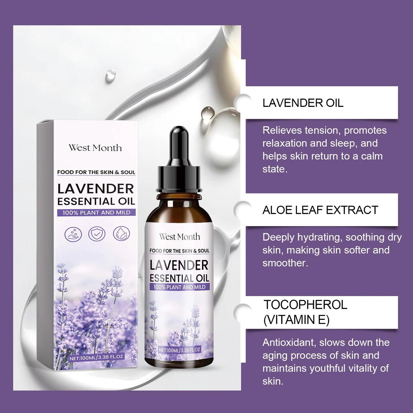 WEST MONTH Lavender Essential Oil Soothe and Relax Regulate Body and Mind Deeply Caring for The Skin Multiple Nourishing 3.38 oz