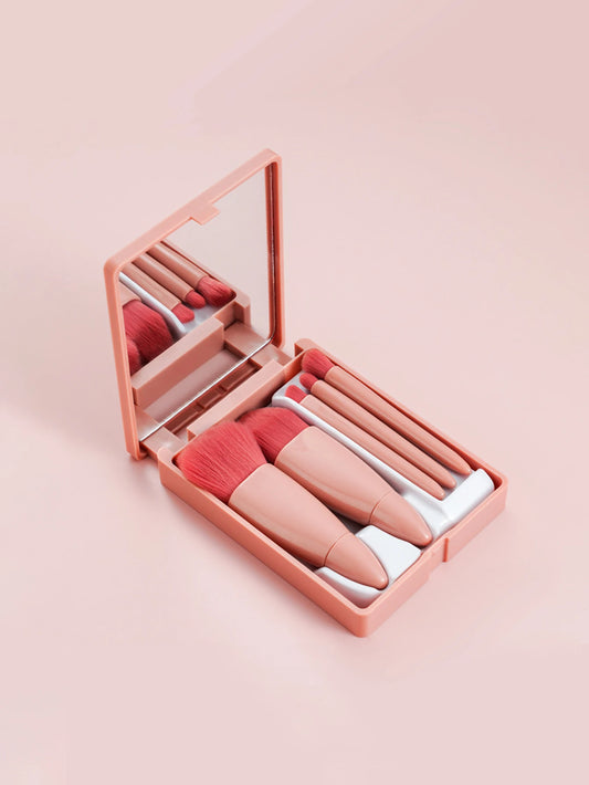 Mini Portable Box 5 Travel Makeup Brushes Complete Set With Small Mirror Eye Shadow Foundation Make-Up Powder Eyebrow Brush