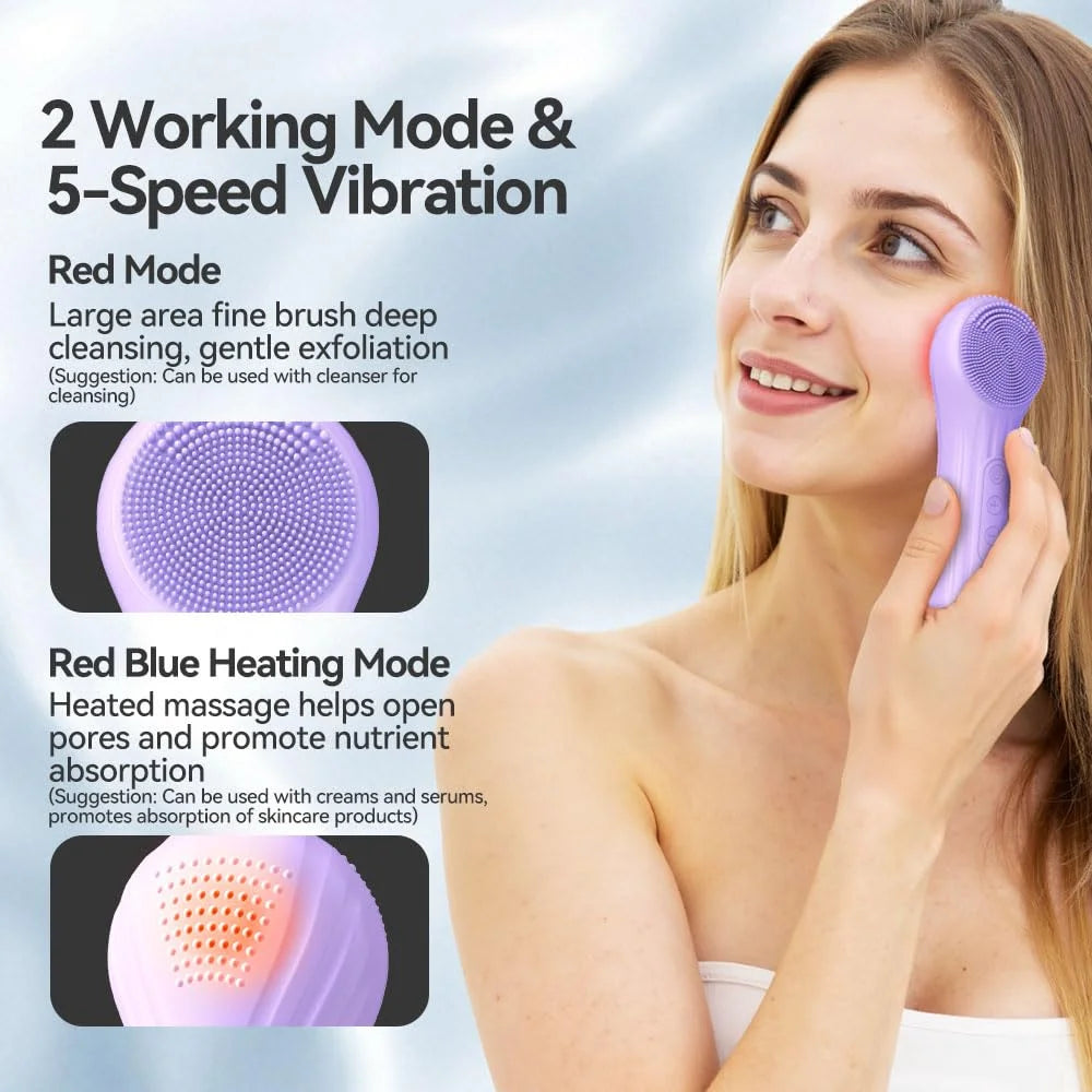 Facial Cleansing Brush, Silicone Face Scrubber with Heat and Vibration 5 Speeds, Waterproof Rechargeable Electric Face Scrub Bru