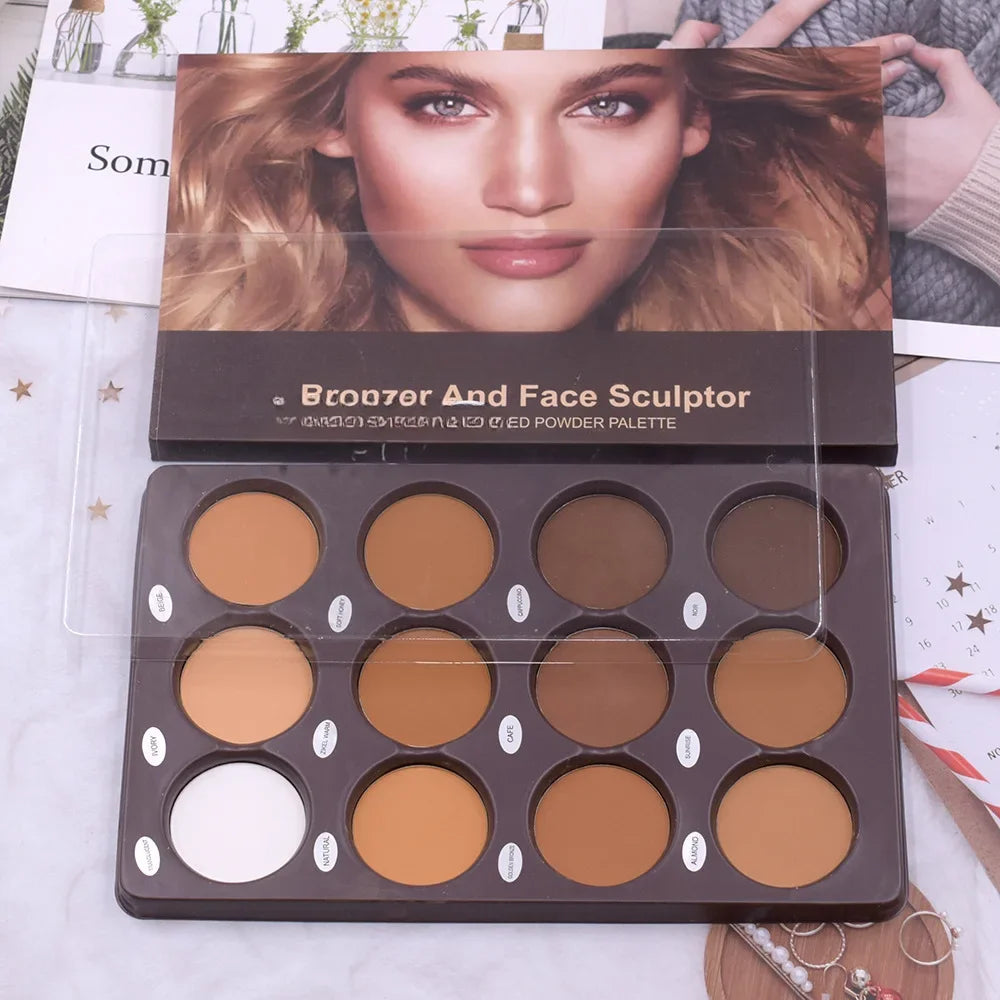 12-Color Matte Contour Palette – Face Bronzer & Highlighter Wheel for Women