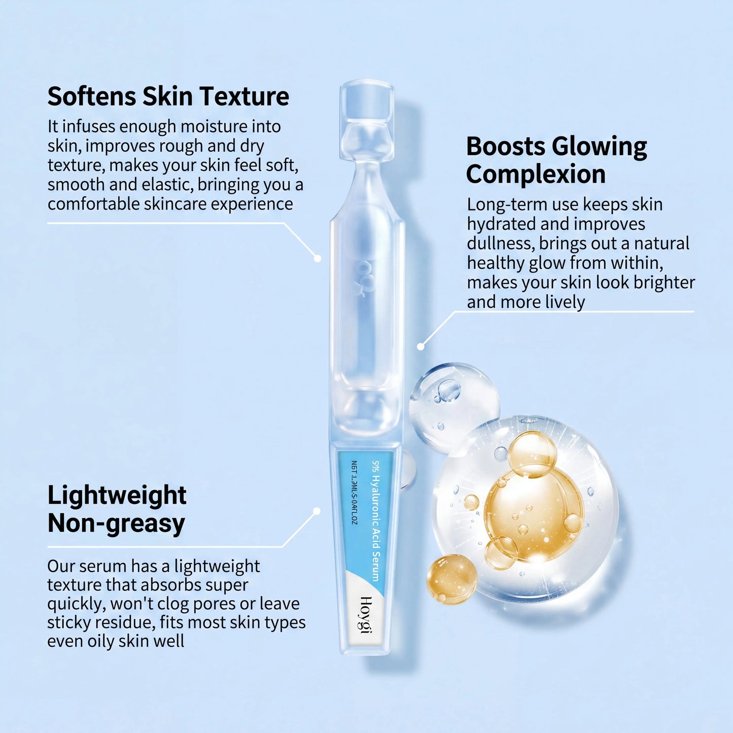 30PCS Hyaluronic Acid Single Use Ampoules Serum Deep Moisturizing Repairs Sensitive Skin Reduces Redness Daily Facial Skincare