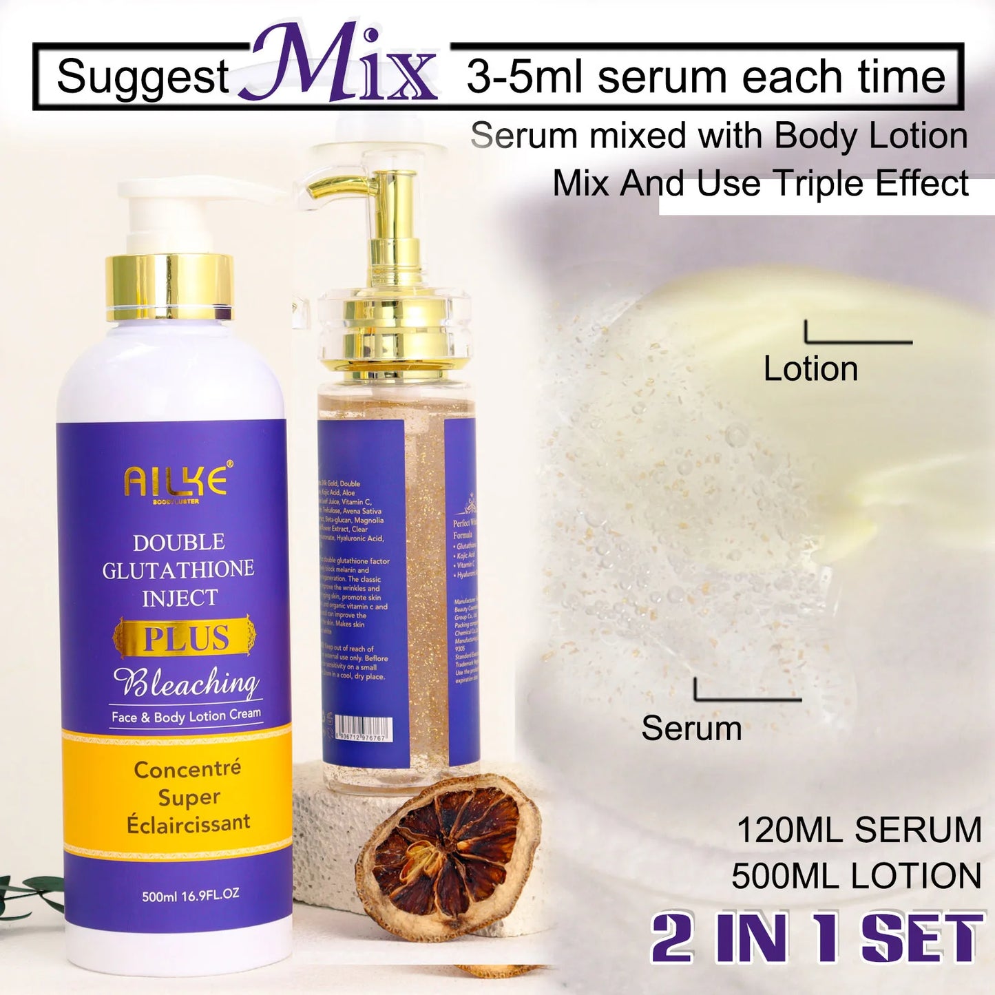 AILKE Glutathione PLUS Bleaching Skin Care Set, Moisturizing, Even Skin Tone, Improve Dark and Black Skin, Reduce Spots