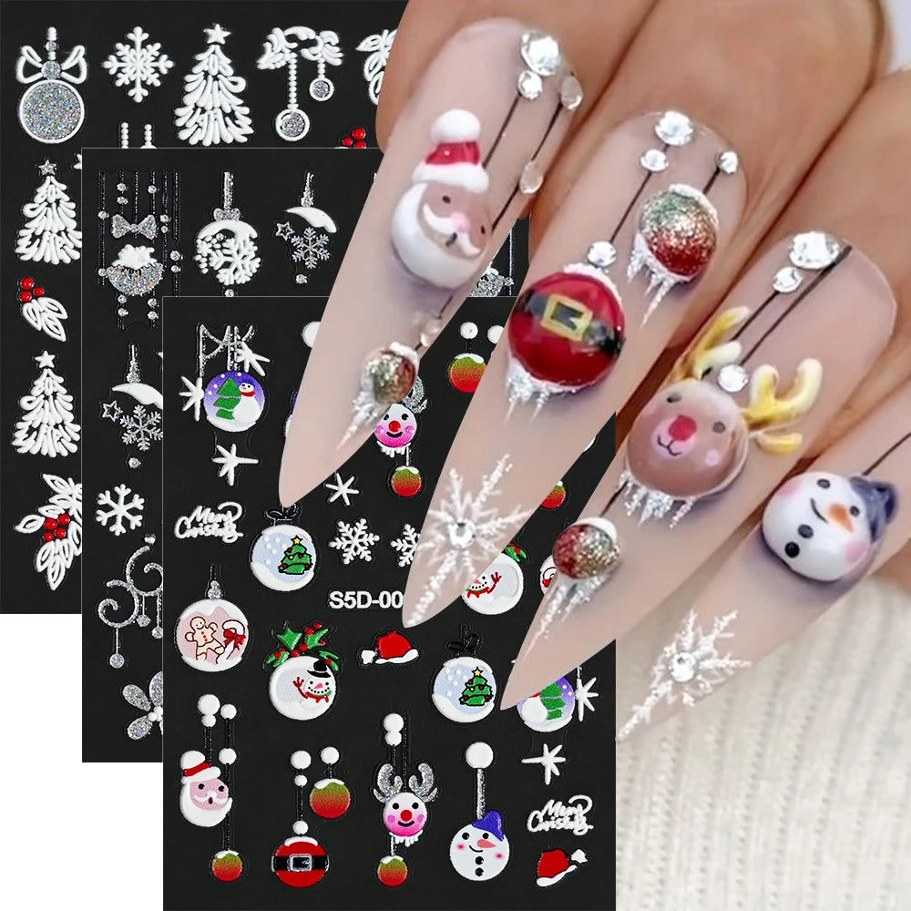 1/2PC 5D Christmas Santa Claus Elk Nail Art Stickers Snowflake New Year Cartoon Nail Decor Decals Xmas Adhesive Manicure Sliders
