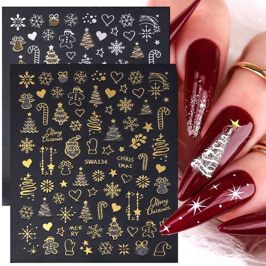 2pcs Gold Silver Christmas 3D Nail Stickers Reflective Glitter Xmas Tree Gingerbread Snowflakes Adhesive Decals Winter Manicure