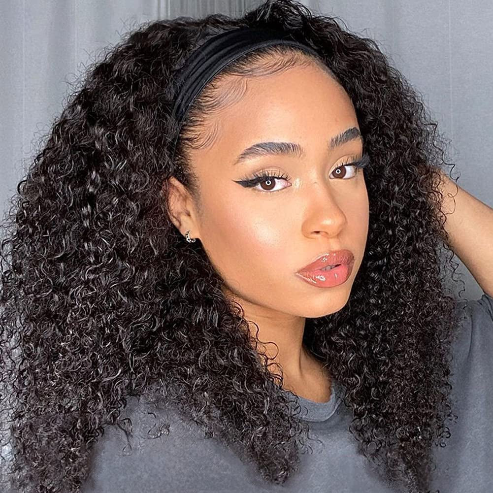 Glueless Wigs Human Hair Curly Headband Wig for Black Women (20 Inch) Brazilian Remy Hair Curly None Lace Front Wigs Human Hair Scarf No Gel Wigs