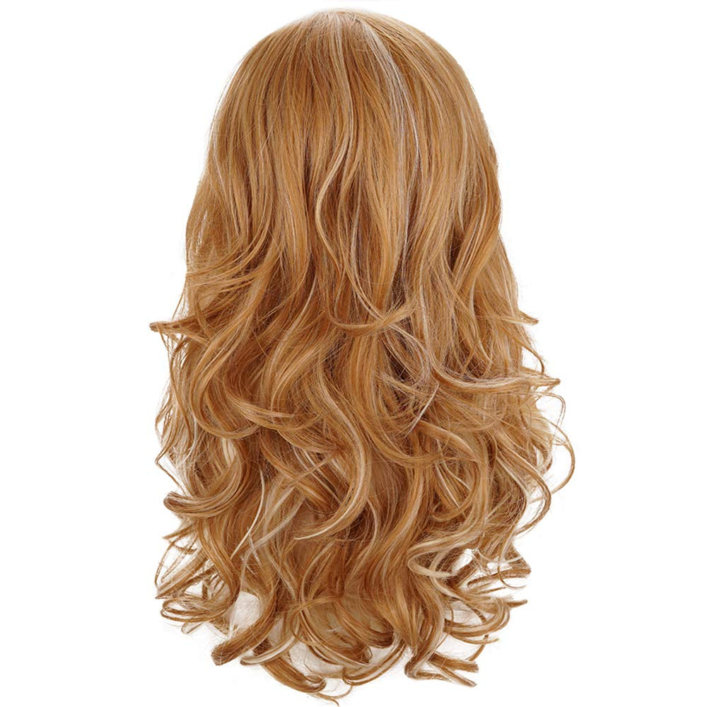 Long Curly Wavy Strawberry Blonde Highlights Natural Synthetic Hair Wigs with Bangs for Women Daily Wear, Cosplay, Halloween