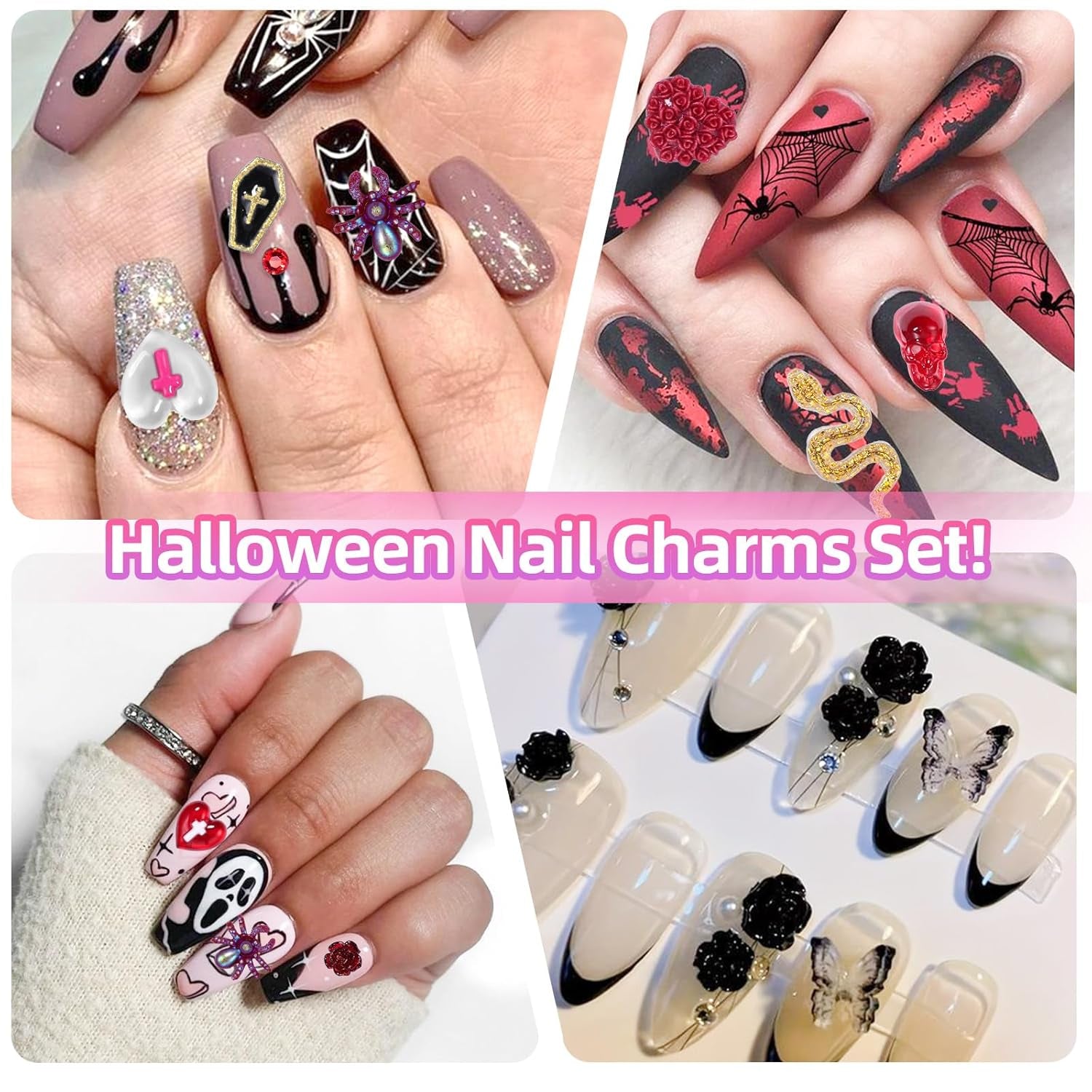 120 Pcs Halloween Resin 3D Nail Art Charms, Mix Styles Spider Snake Skull Hand Ghost Bat Flatback Slime Figures Charm with Half round Rhinestones Halloween Charms for Nails Hallows' Day Party DIY