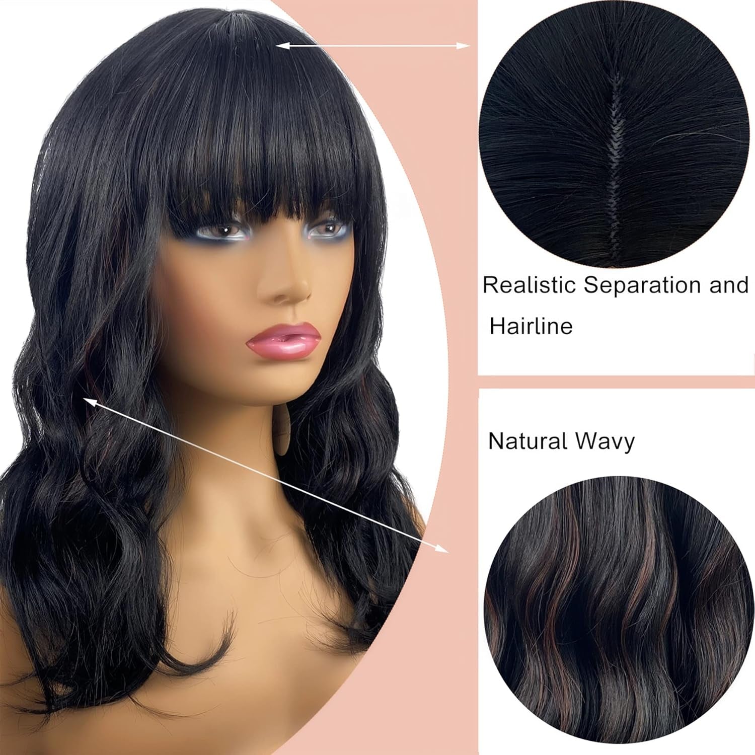 16 Inch Short Wavy Bob Wig with Bangs,Black with Red Shoulder Length Hair Wigs for Women,Natural Looking Synthetic Heat Resistant Fiber Curly Wigs for Daily