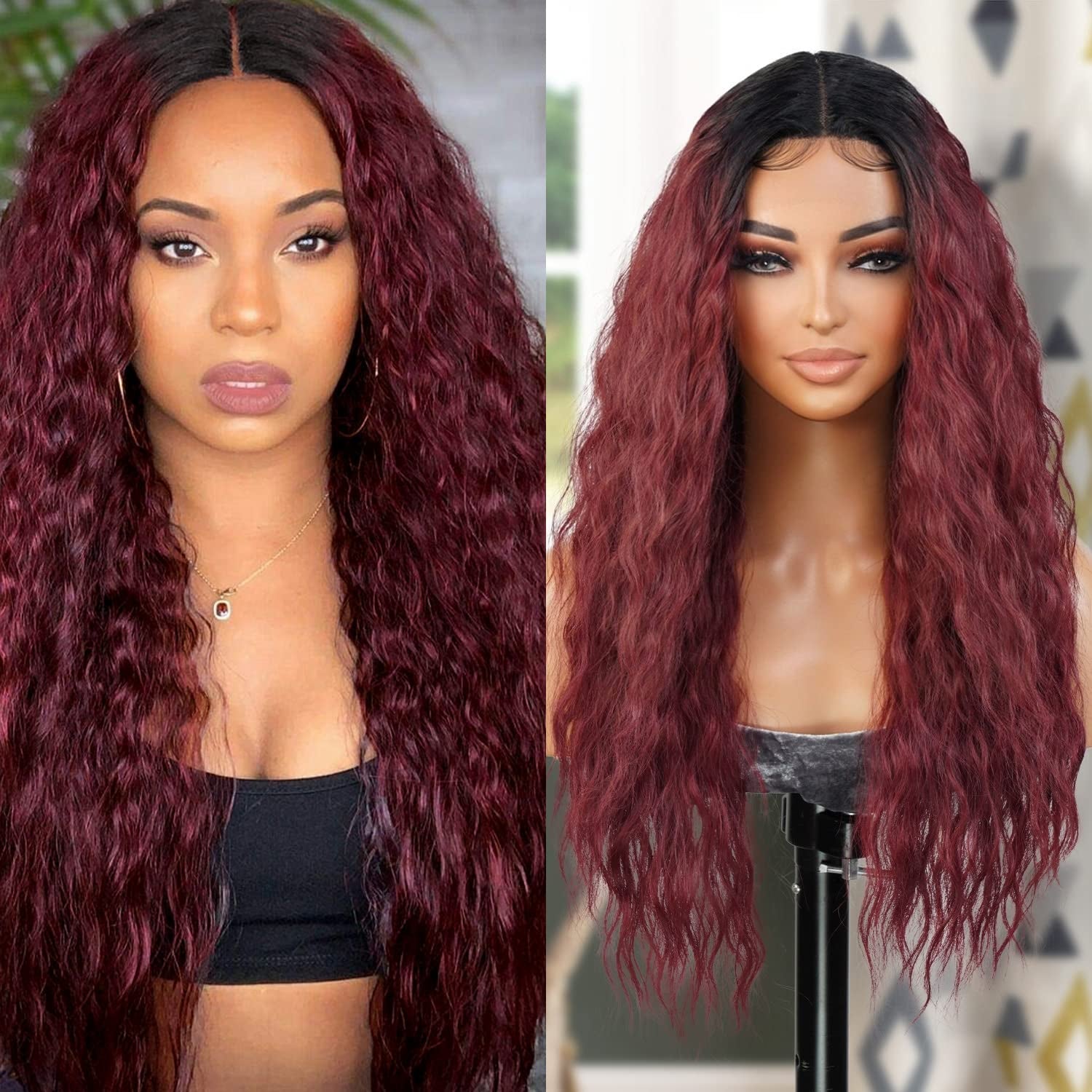 26 Inch Long Wavy Loose Deep Wave Swiss Lace Front Wig Middle Center Part Realistic Hairline for Black Women Heat Resistant Synthetic Wig DPL004 (1B-Off Black)