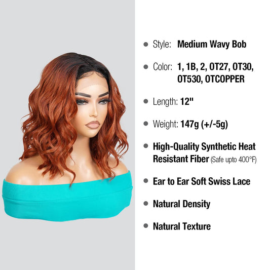 Medium Wavy Deep Wave Bob Wigs 12 Inch Middle Center Part Soft Swiss Lace Front Bob Wig for Black Women Wavy Curly Wig Heat Resistant Synthetic Wigs DPL008 (OTCOPPER)