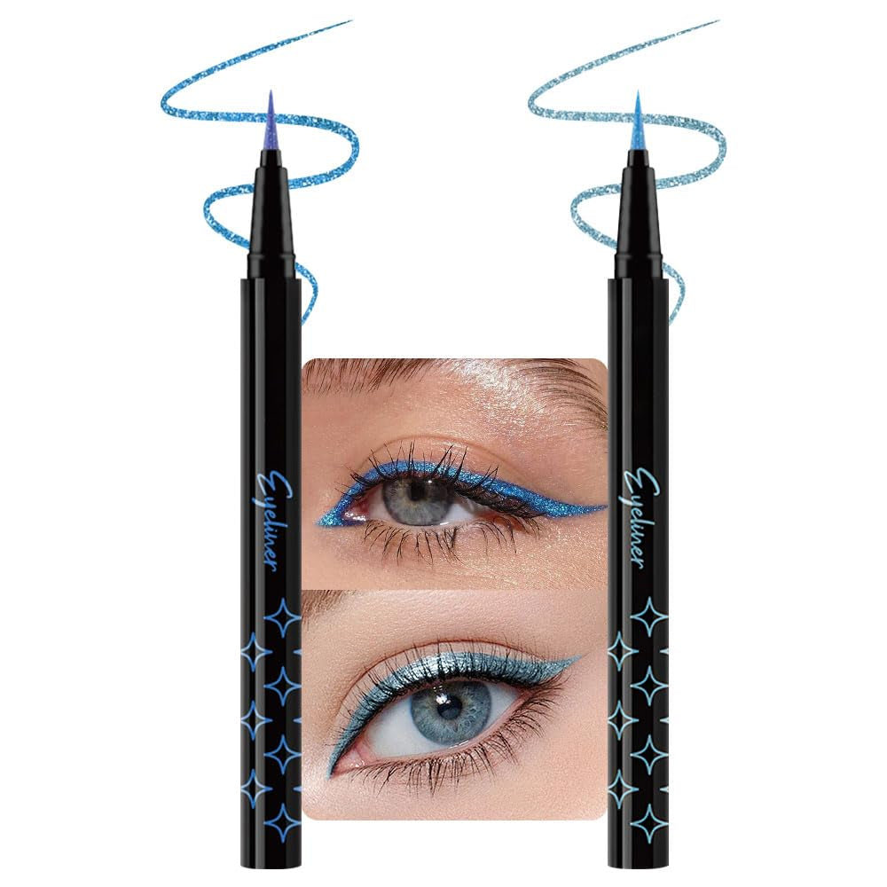 2Pcs Royal Blue & Purple Glitter Colored Liquid Eyeliner Eye Shadow Makeup Pencil Set, Purple Blue Face Body Glitter Makeup Fake Eyelashes Mascara, Sparkle Metallic Shimmer Eyeliner Waterproof