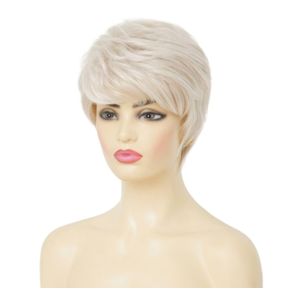 Short White Wigs for Women Pixie Cut Wig with Bangs Synthetic Hair Halloween Daily Party Wig(Silver White)