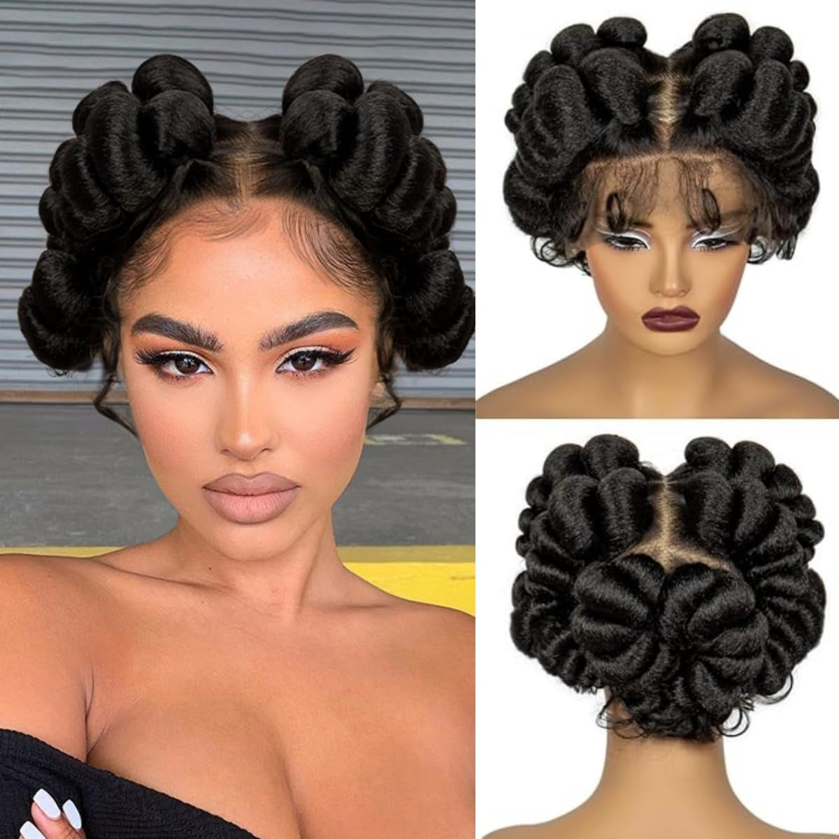Transparent Full Lace Braided Wigs Short Cute Handmade Bantu Synthetic Braided Lace Wigs with Baby Hair Knotless Braiding Hair Wigs for Black Women(350#)