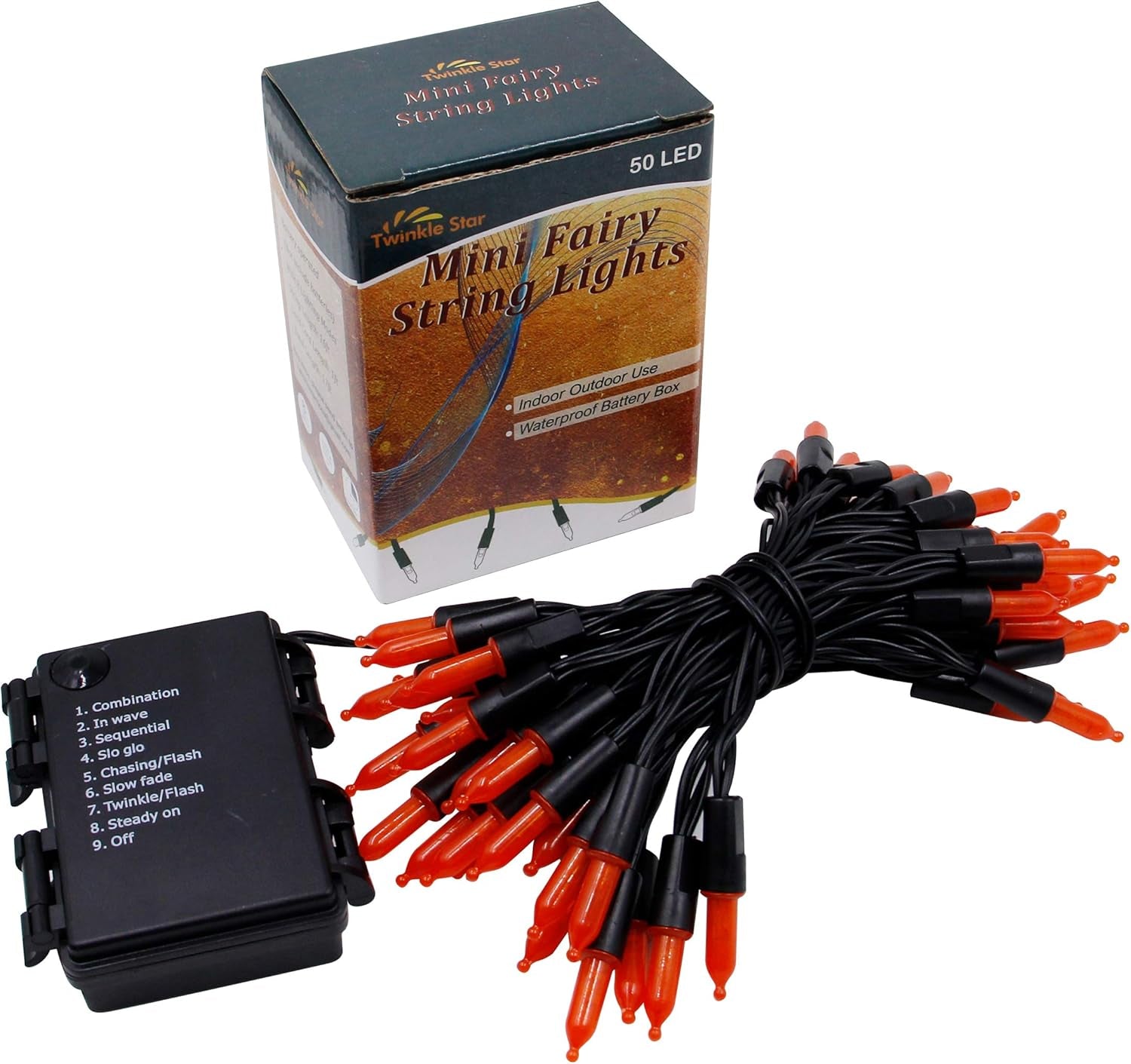 2 Pack Orange Halloween String Light, Battery Operated Lights 50 LED 16 FT String Light Waterproof Tree Lights with 8 Lighting Modes,Indoor Outdoor Patio Garden Halloween Decorations