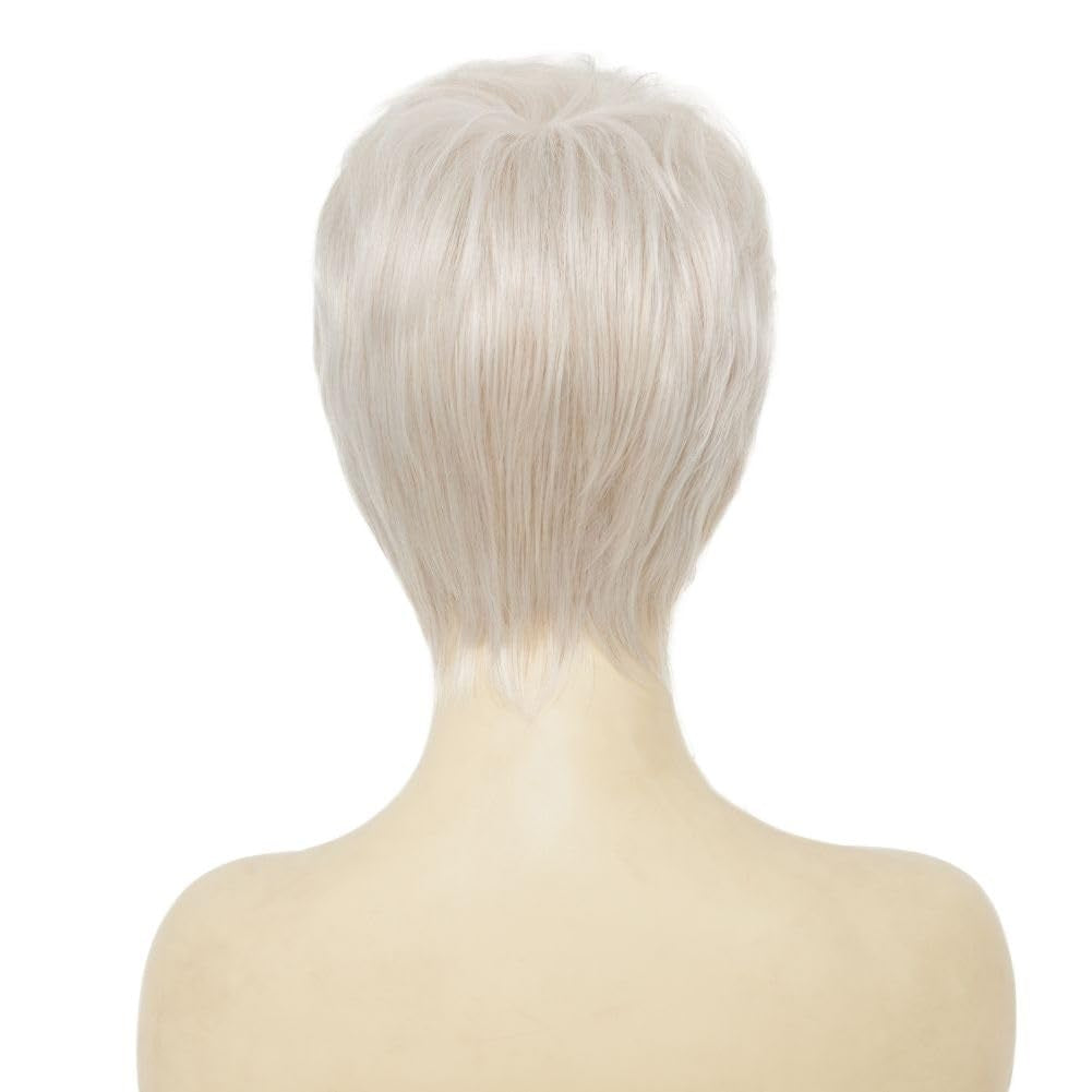 Short White Wigs for Women Pixie Cut Wig with Bangs Synthetic Hair Halloween Daily Party Wig(Silver White)