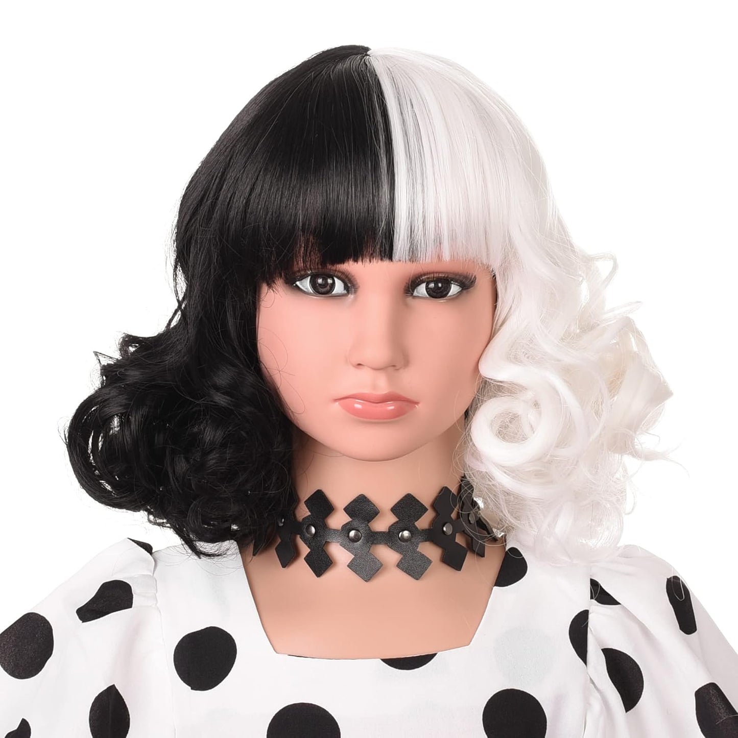 3+ Years Kids Black and White Wig with Necklace for Cosplay Costume Short Wavy Bob Synthetic Wigs with Bangs for Girls Children Halloween Party