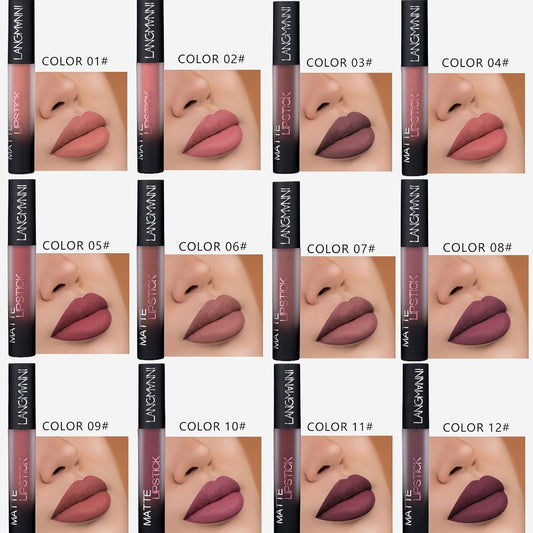 Matte Lip Gloss, 12 Colors Lift Lip Glosses, Velvet Matte Lipstick - Waterproof, Long Lasting, Full Cover, High Pigment - Perfect Makeup Gift for Women - D
