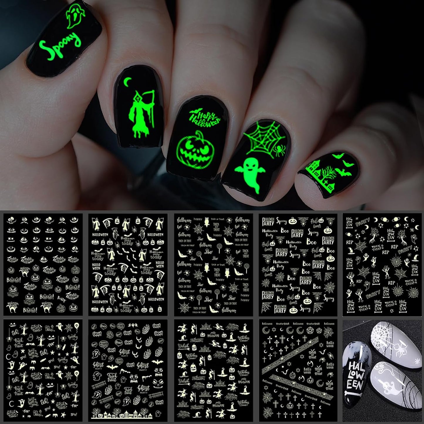 9 Sheets Halloween Nail Stickers Glow in the Dark, Fluorescent Design Nail Decals, Self-Adhesive DIY Nail Art Tips for Women Manicure