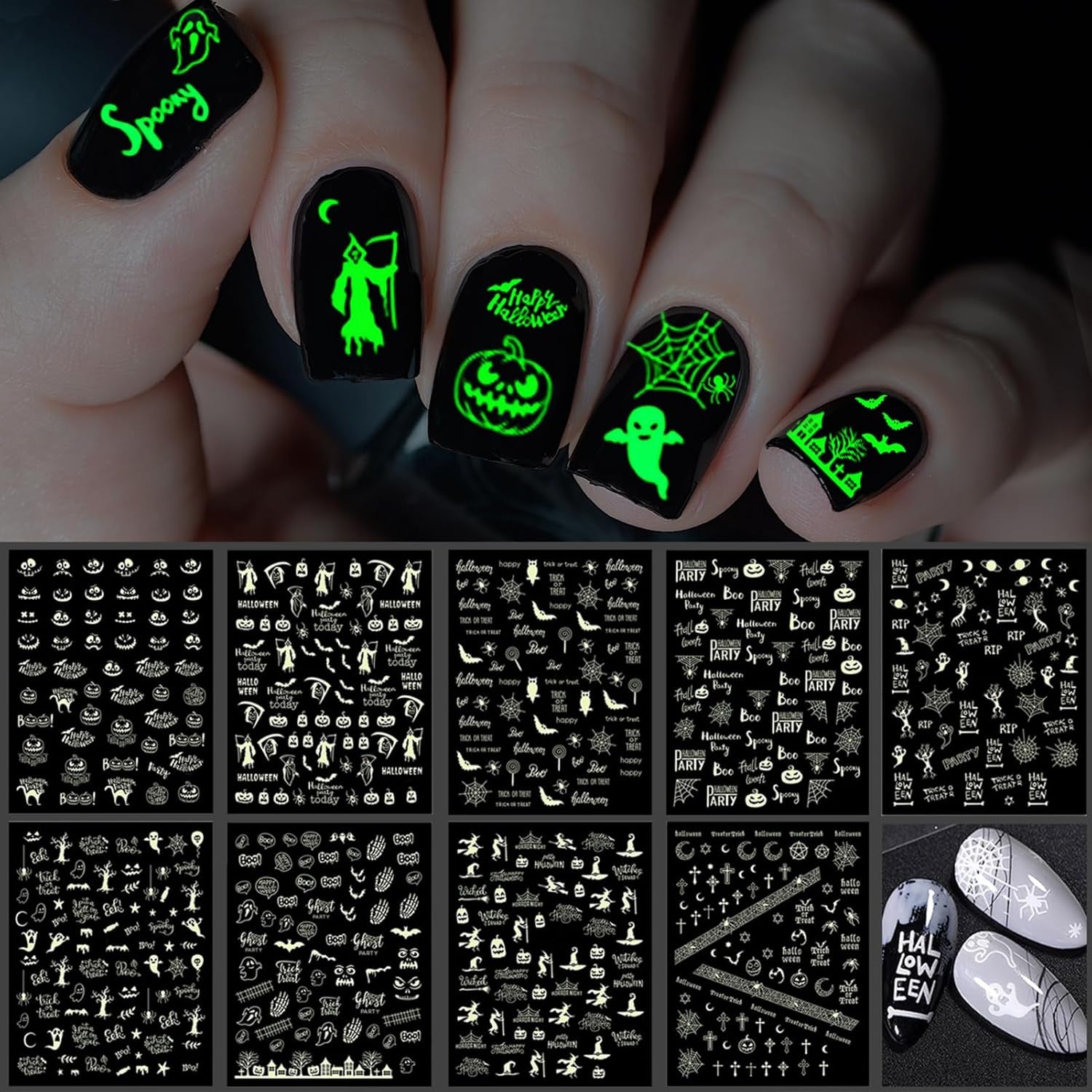 9 Sheets Halloween Nail Stickers Glow in the Dark, Fluorescent Design Nail Decals, Self-Adhesive DIY Nail Art Tips for Women Manicure