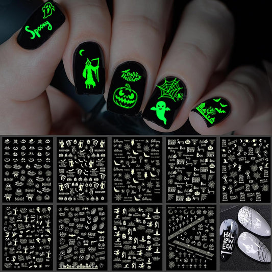 9 Sheets Halloween Nail Stickers Glow in the Dark, Fluorescent Design Nail Decals, Self-Adhesive DIY Nail Art Tips for Women Manicure