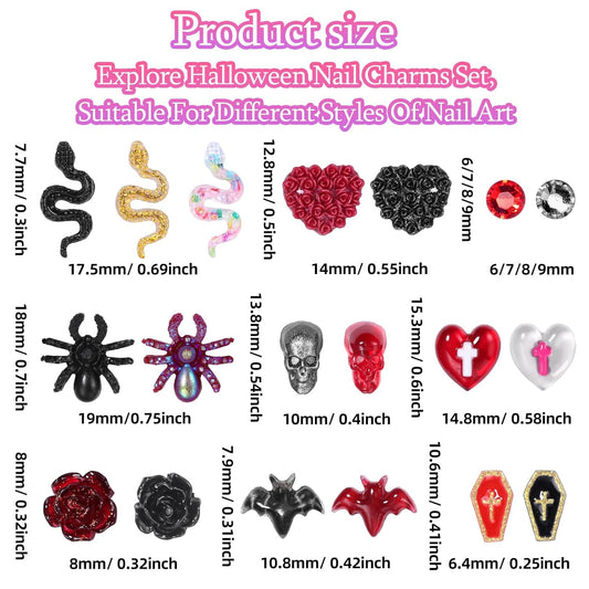 120 Pcs Halloween Resin 3D Nail Art Charms, Mix Styles Spider Snake Skull Hand Ghost Bat Flatback Slime Figures Charm with Half round Rhinestones Halloween Charms for Nails Hallows' Day Party DIY
