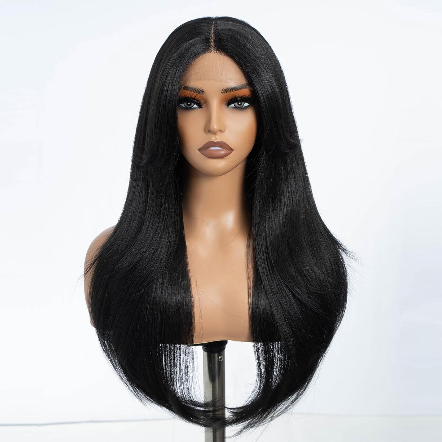 Highlight Ombre Brown Dirty Blonde Layered Wigs with Curtain Bangs, Synthetic Lace Front Wigs with Bangs, Long Straight Middle Part HD Lace Wig with Natural Hairline 26 Inches Wigs for Women