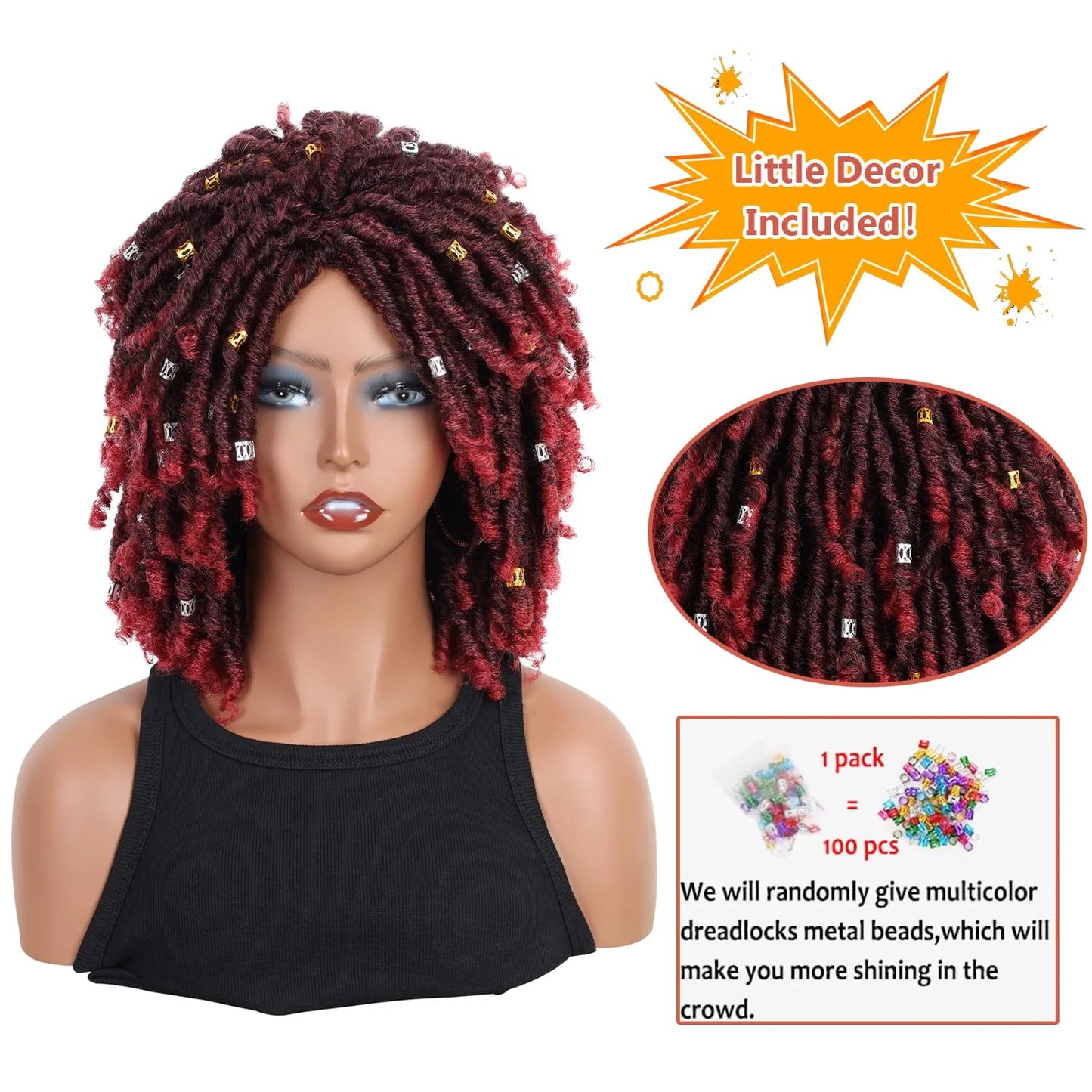 Dreadlock Wig for Black Women Braided Wigs Short Curly Braid Wig Twist Wig Synthetic Red Curly Wigs for Women(Black Mix Burgundy)