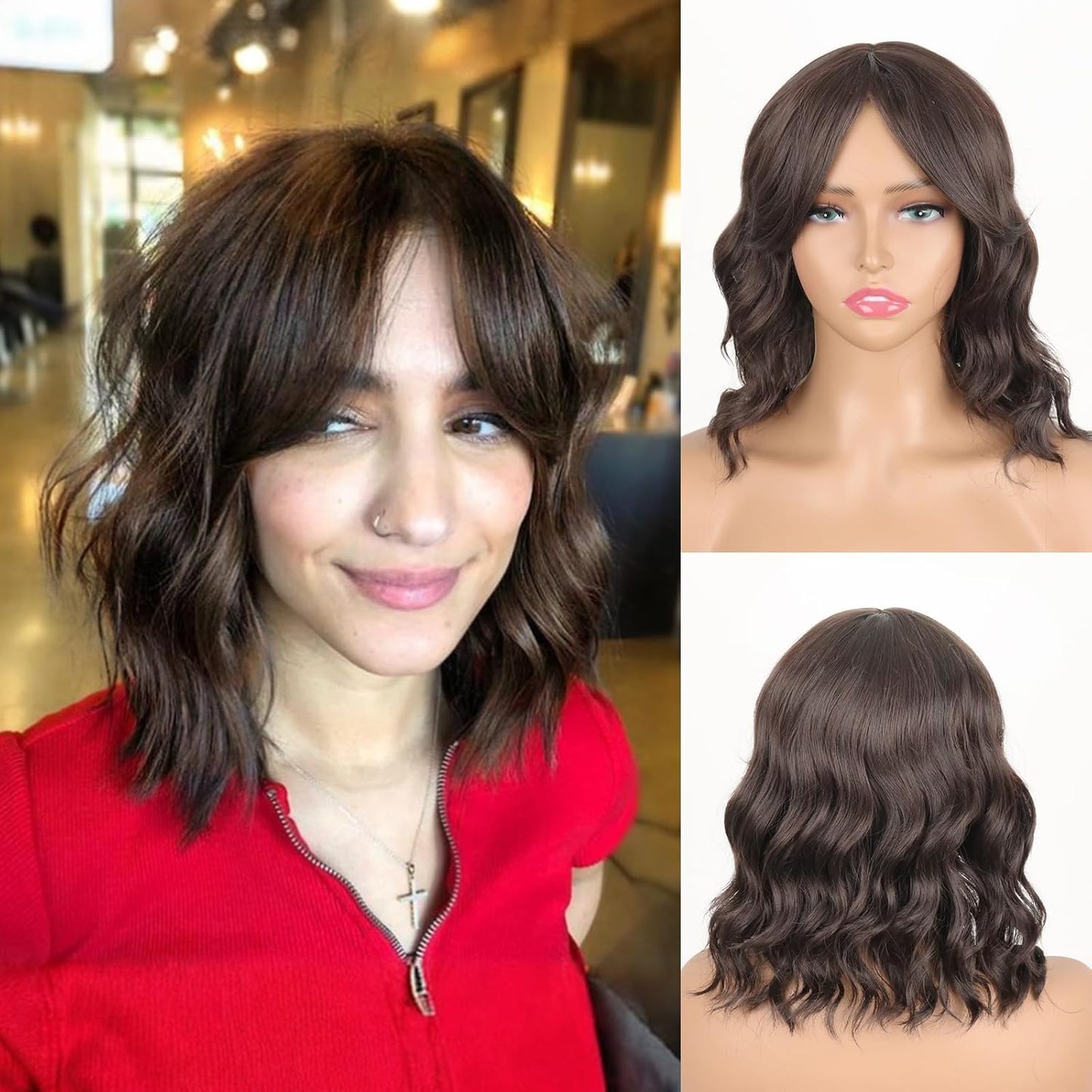 Dark Brown Wavy Bob Wig Natural Brown Curly Bob Wig with Curtain Bangs for Black Women,Synthetic Short Curly with Bangs Wavy Shoulder Length Hair for Daily Use 4#