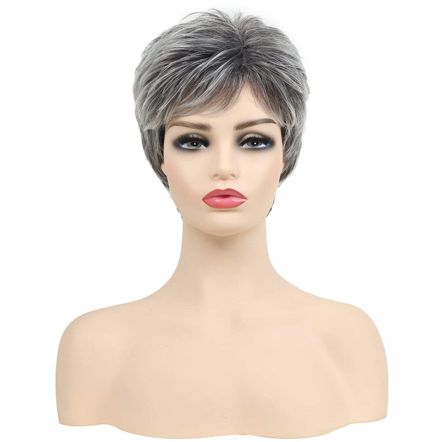 Short Grey Wigs for Women Gray White Pixie Cut Wigs with Dark Root Layered Sy...