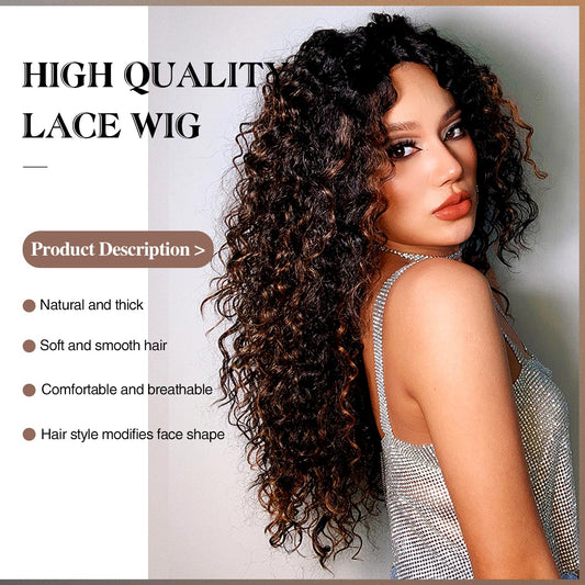 Synthetic Heat Resistant Wavy Wig for Women, 26 Inch Long Body Wavy, Brown with Blonde Highlights, Glueless Lace Front Wig