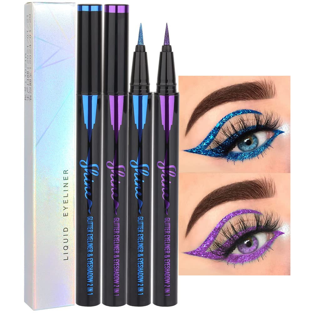 2Pcs Royal Blue & Purple Glitter Colored Liquid Eyeliner Eye Shadow Makeup Pencil Set, Purple Blue Face Body Glitter Makeup Fake Eyelashes Mascara, Sparkle Metallic Shimmer Eyeliner Waterproof