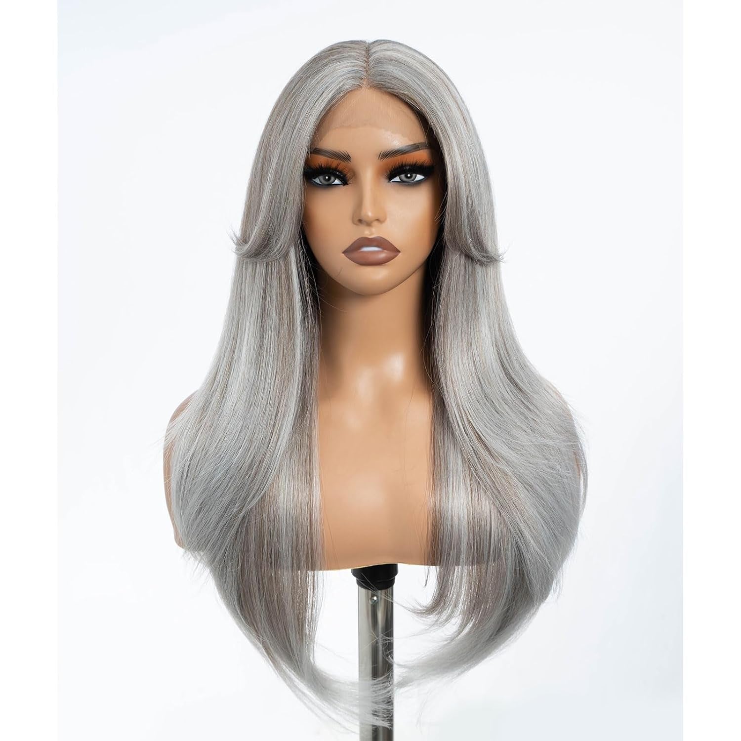 Highlight Ombre Brown Dirty Blonde Layered Wigs with Curtain Bangs, Synthetic Lace Front Wigs with Bangs, Long Straight Middle Part HD Lace Wig with Natural Hairline 26 Inches Wigs for Women