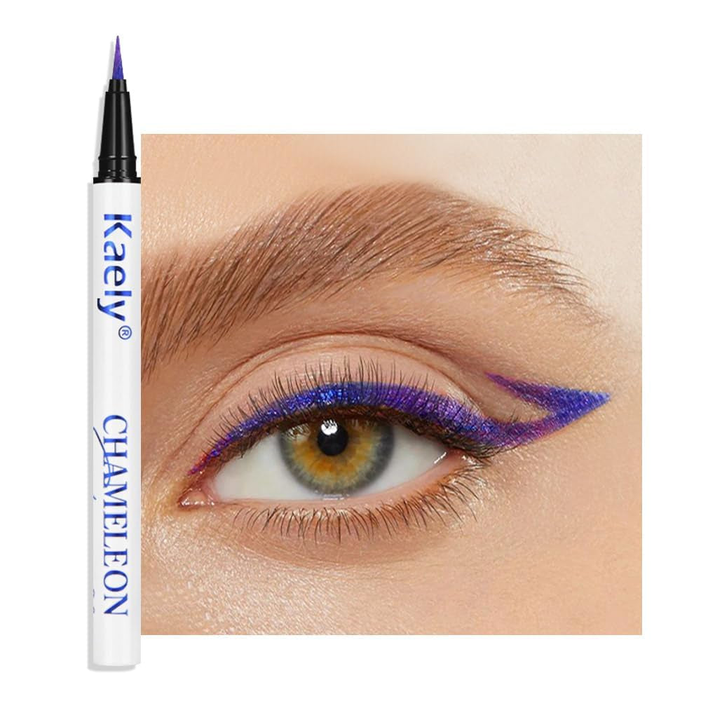 2Pcs Royal Blue & Purple Glitter Colored Liquid Eyeliner Eye Shadow Makeup Pencil Set, Purple Blue Face Body Glitter Makeup Fake Eyelashes Mascara, Sparkle Metallic Shimmer Eyeliner Waterproof