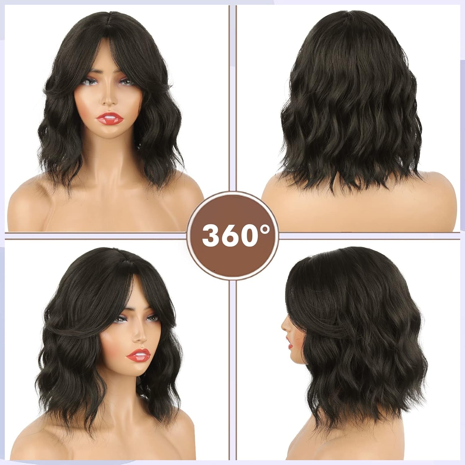 Dark Brown Wavy Bob Wig Natural Brown Curly Bob Wig with Curtain Bangs for Black Women,Synthetic Short Curly with Bangs Wavy Shoulder Length Hair for Daily Use 4#