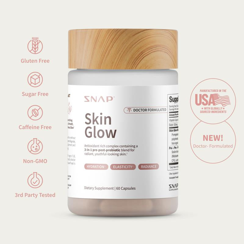 SNAP – Skin Glow – 3-In-1 Gut-Skin Formula with Prebiotics, Probiotics & Postbiotics – Enhances Radiance, Elasticity & Smoothness