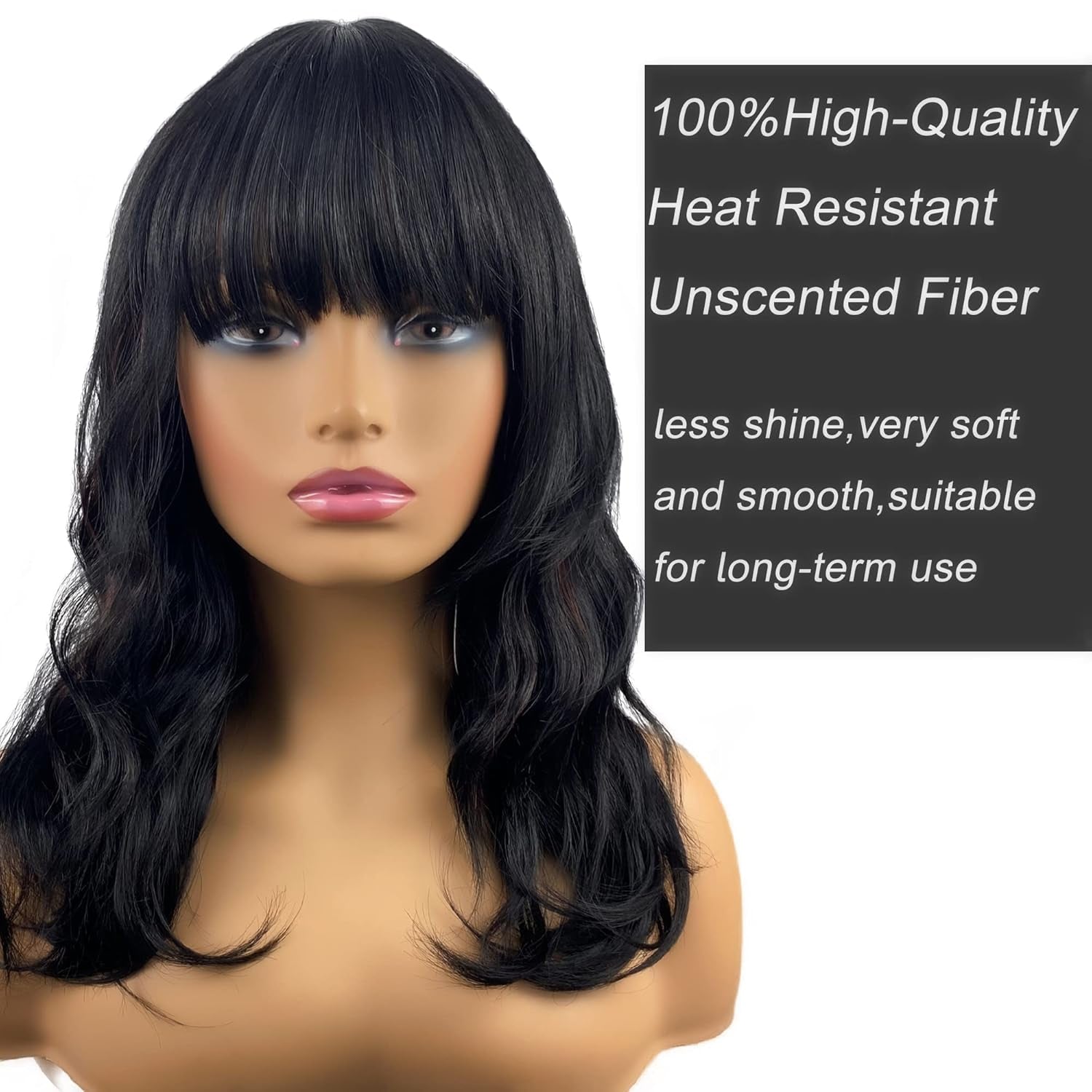 16 Inch Short Wavy Bob Wig with Bangs,Black with Red Shoulder Length Hair Wigs for Women,Natural Looking Synthetic Heat Resistant Fiber Curly Wigs for Daily