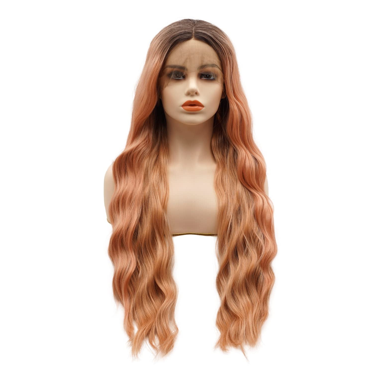 Hair Synthetic Lace Front Wig Wavy Long 26Inch Dark Root Rose Gold Ombre Heavy Density Heat Resistant Realistic Wig