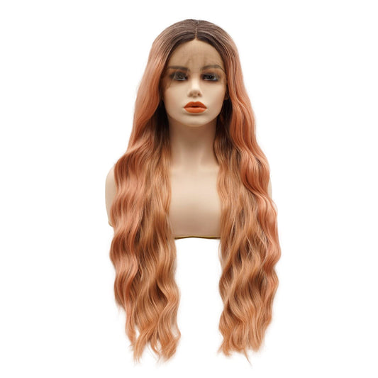 Hair Synthetic Lace Front Wig Wavy Long 26Inch Dark Root Rose Gold Ombre Heavy Density Heat Resistant Realistic Wig