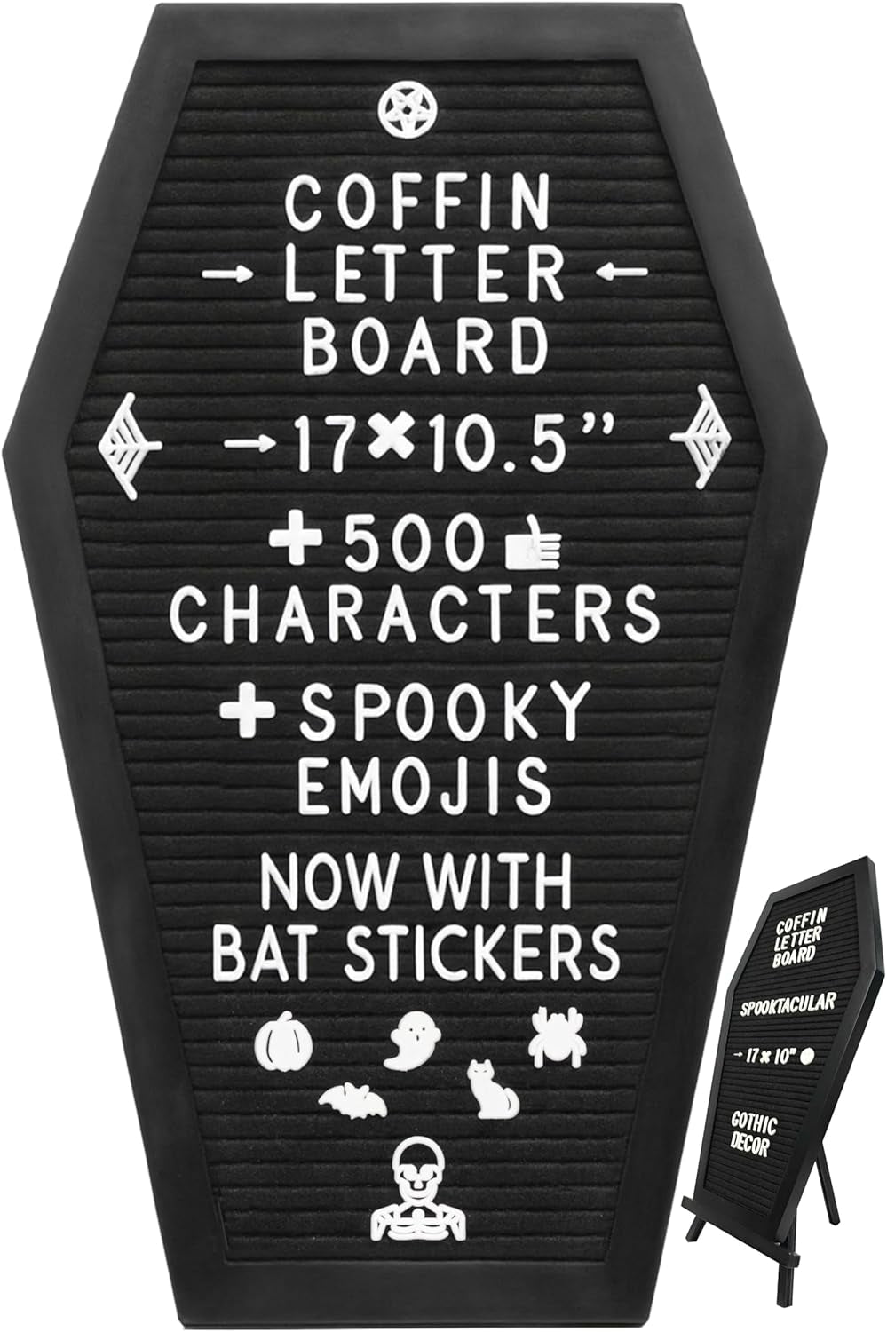 Coffin Letter Board Black +3D Bat Stickers +650 Characters, Spooky & Seasonal Emojis, Wooden Stand - 17X10.5 Inches - Coffin Shaped Goth Decor Sign Witchy Halloween Decorations Gothic Decor Birthday Wedding Home Spooky Gifts