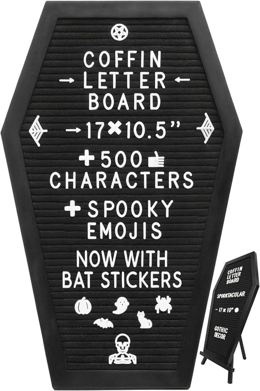 Coffin Letter Board Black +3D Bat Stickers +650 Characters, Spooky & Seasonal Emojis, Wooden Stand - 17X10.5 Inches - Coffin Shaped Goth Decor Sign Witchy Halloween Decorations Gothic Decor Birthday Wedding Home Spooky Gifts