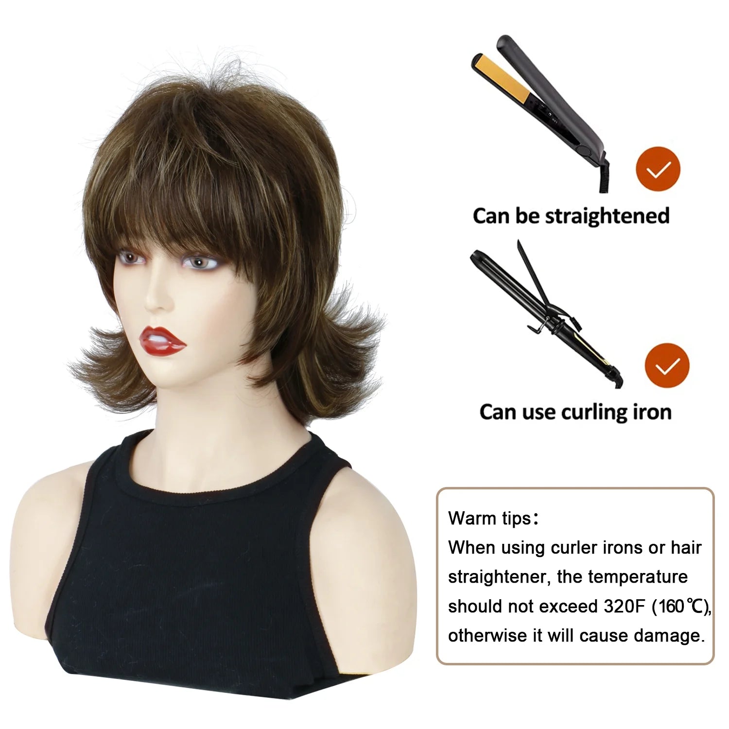 Short Brown Wig for Women Mullet Highlight Blonde Curly Synthetic Wigs